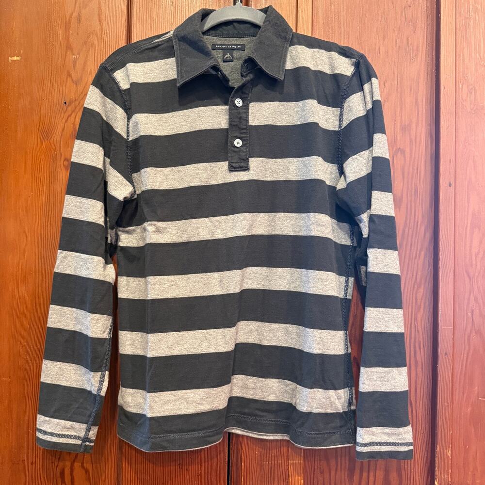 VTG Banana Republic Men’s Striped Rugby Polo Shirt  Small Long Sleeve Blue/Grey